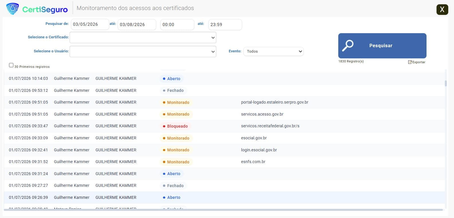 Relatório de acessos CertiSeguro com log de uso de certificados por usuário, data e hora